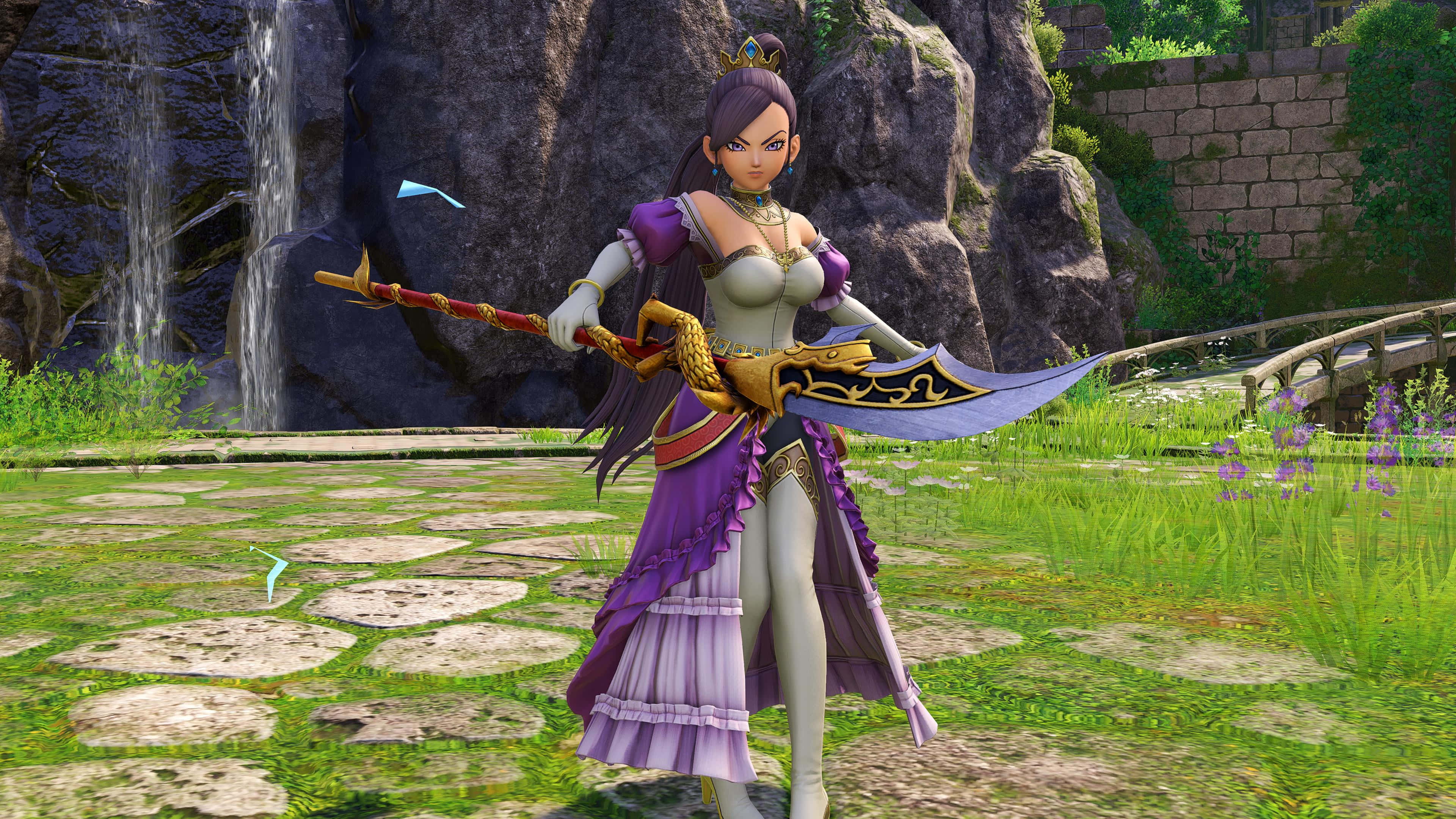 龍 Quest：遺忘時代的 Jade 壁紙 — 一位身穿紫色和金色盔甲的女戰士，在長滿苔蘚的石頭庭院中，瀑布旁手持一把大劍。