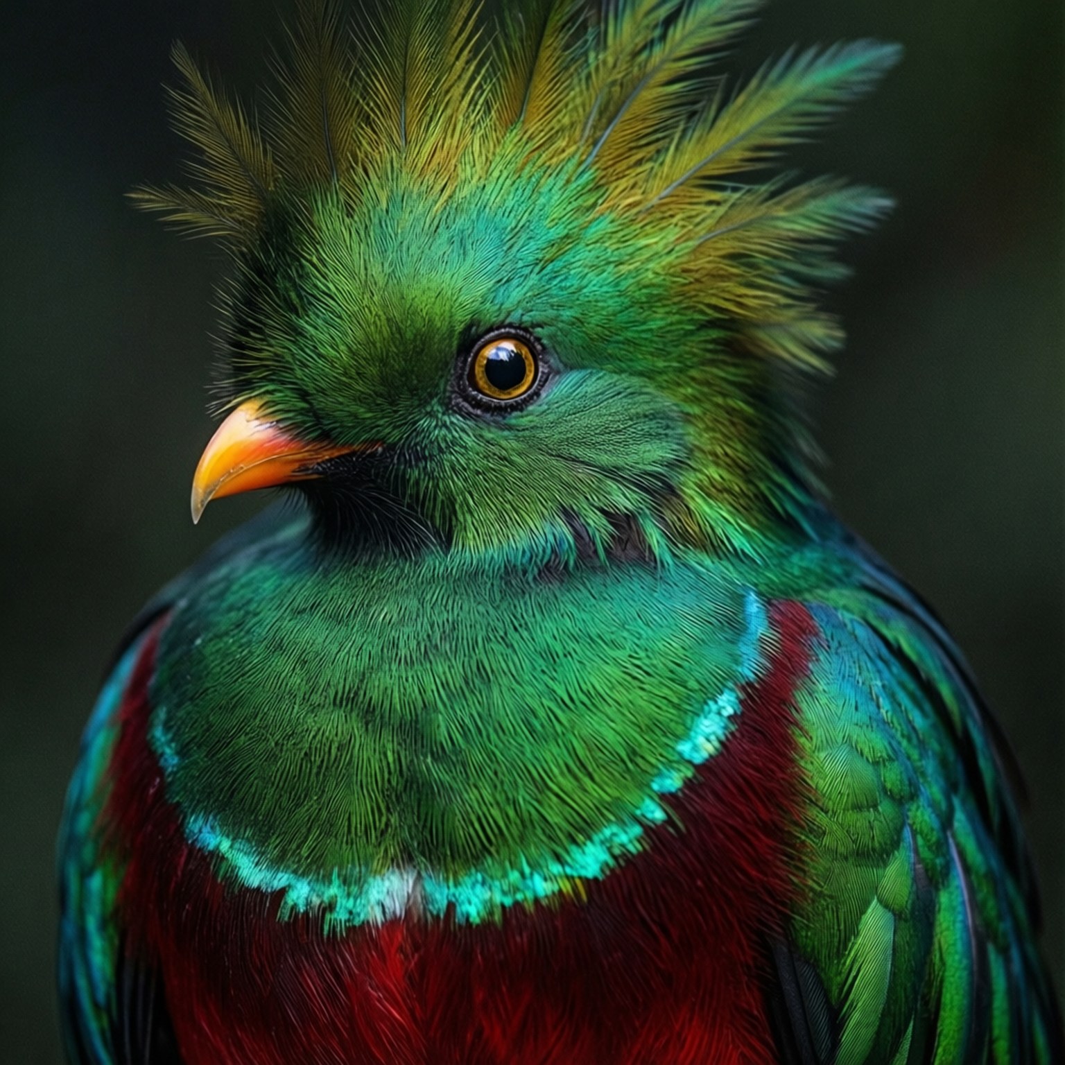 quetzal特寫 壁紙 — 一隻華麗的綠咬鵑特寫，擁有鮮豔的綠色冠羽和胸部、發光的紅色腹部和尖銳的橙色喙，背景為深色模糊。