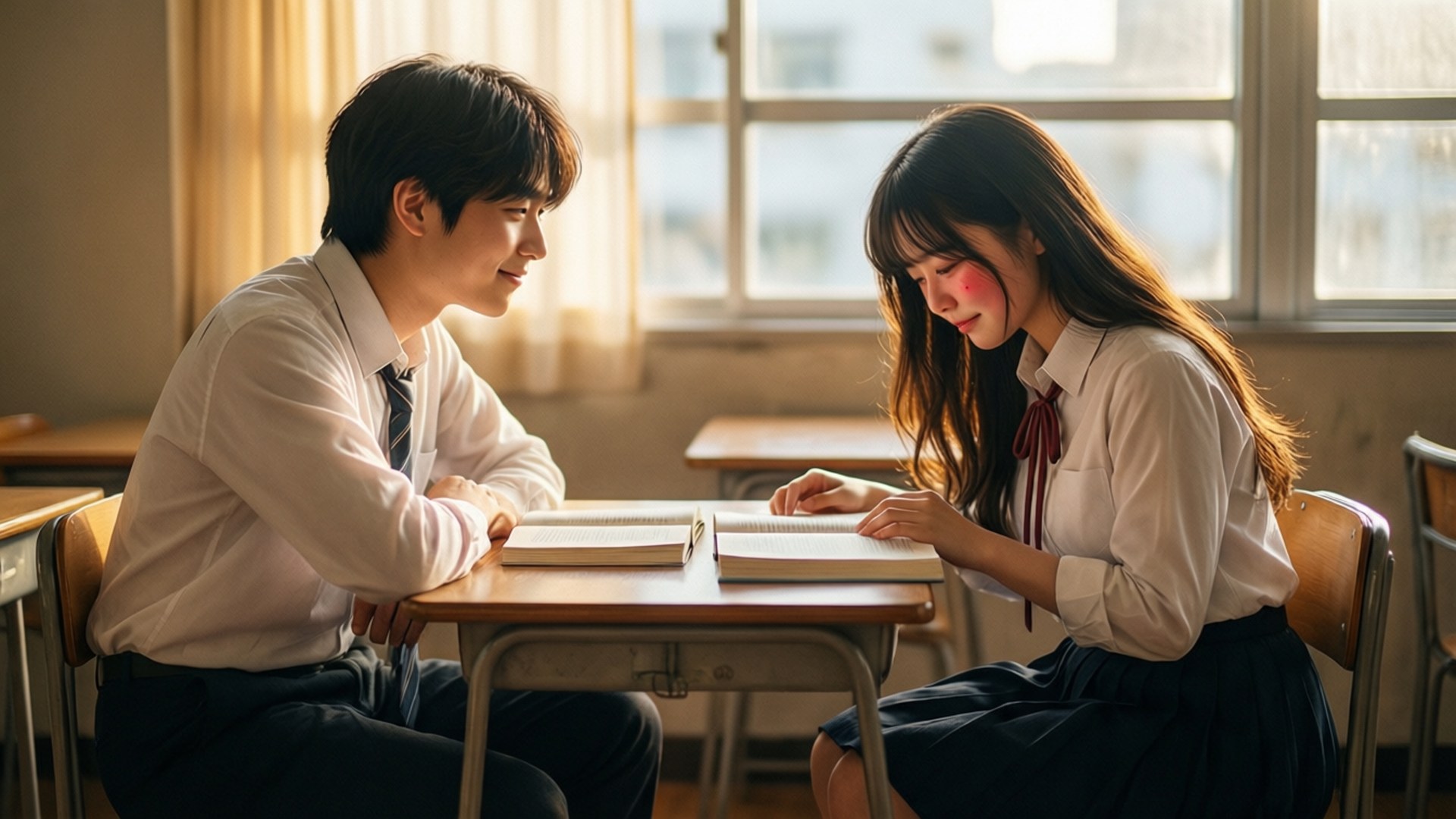兩名穿著校服的學生坐在書桌前，在陽光普照的課室內一起學習。