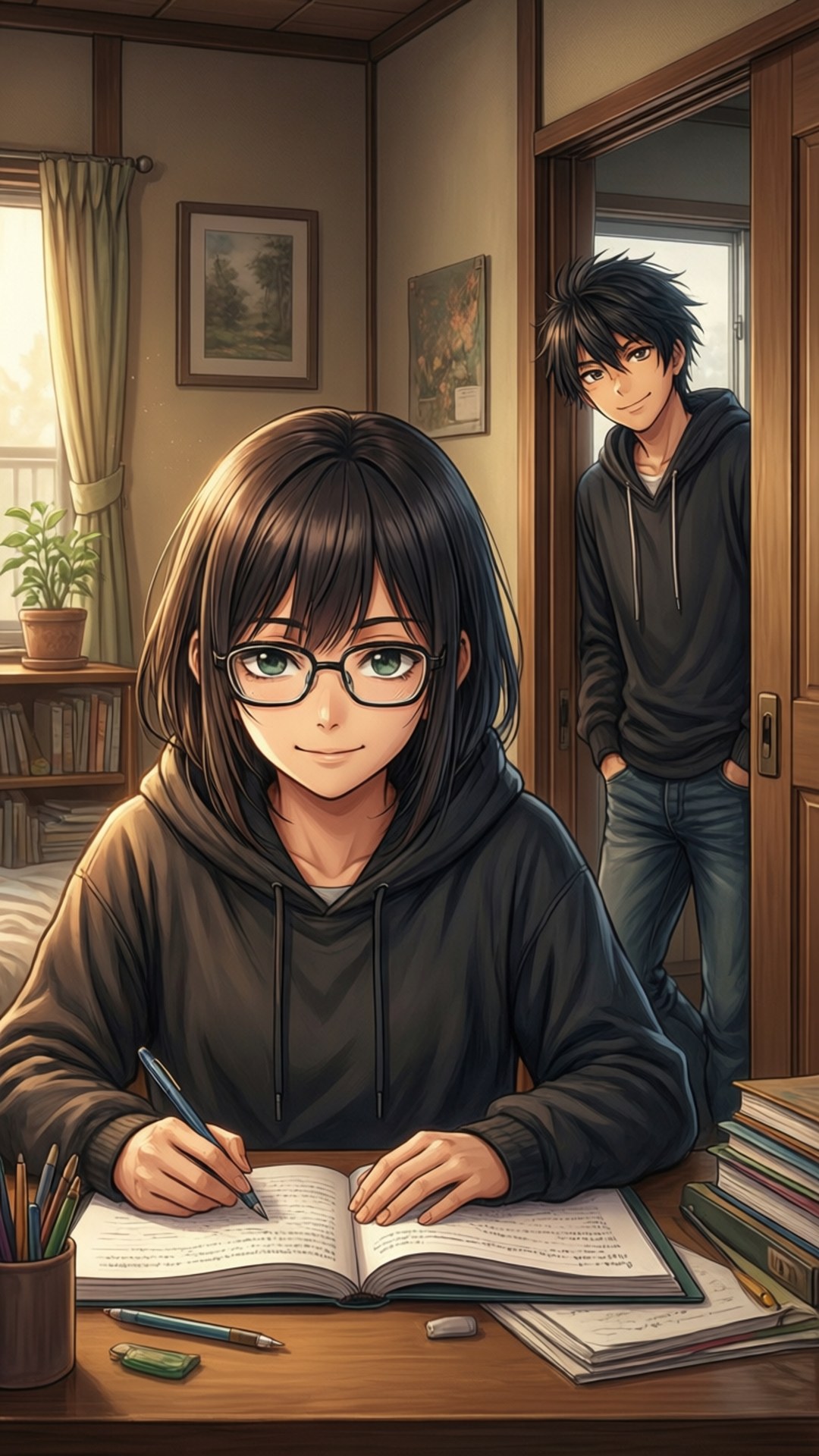 戴眼鏡女孩寫字在桌 男孩微笑在門口