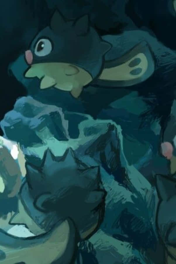 暗黑美學Qwilfish手機壁紙 壁紙 — 一隻深藍綠色插圖風格的寶可夢，眼睛發光，棲息在陰暗森林的鋸齒狀岩石上。