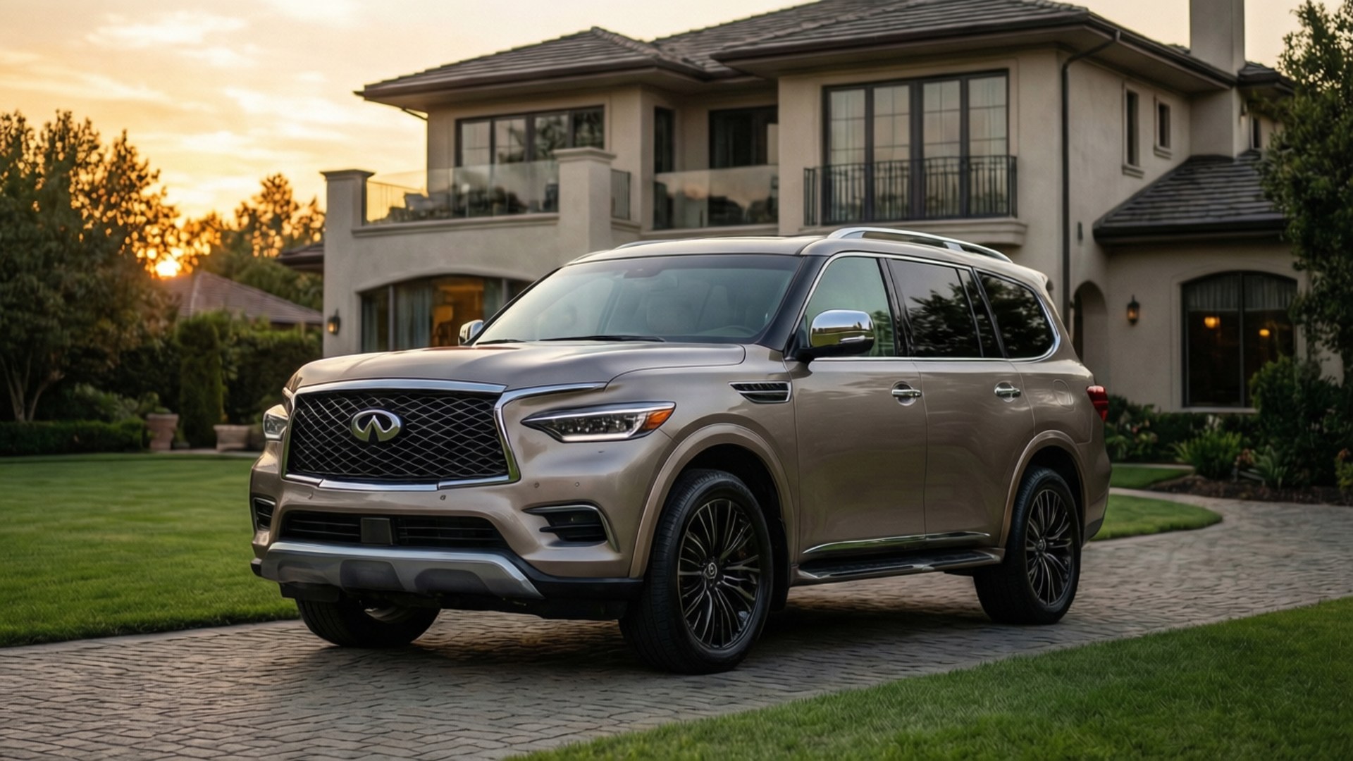 金色Infiniti QX80 SUV停在日落時分豪華住宅前的石頭車道上