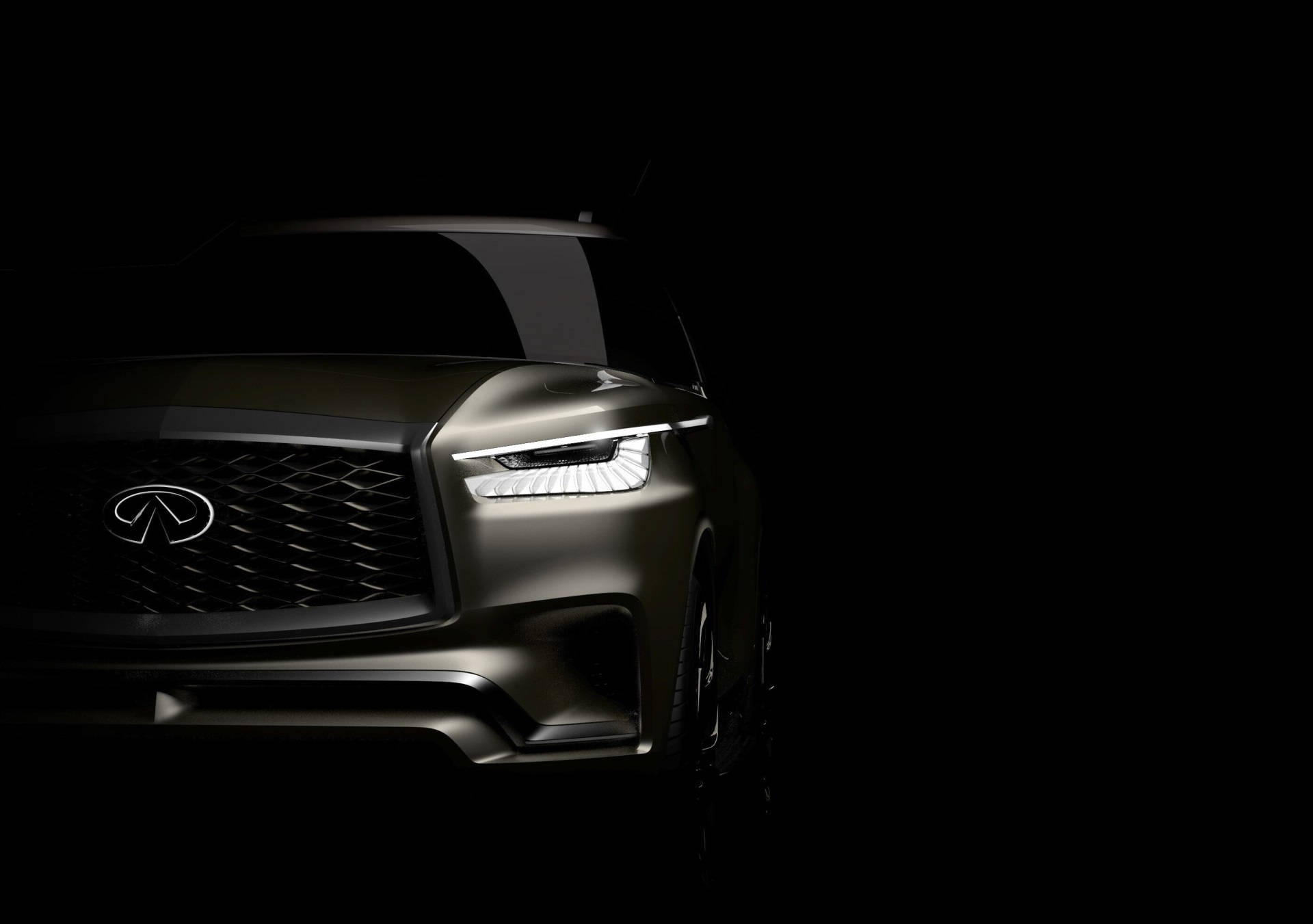 英菲尼迪 QX80 半身視角 壁紙 — 時尚黑色SUV前臉，在黑色虛空中被發光頭燈照亮。