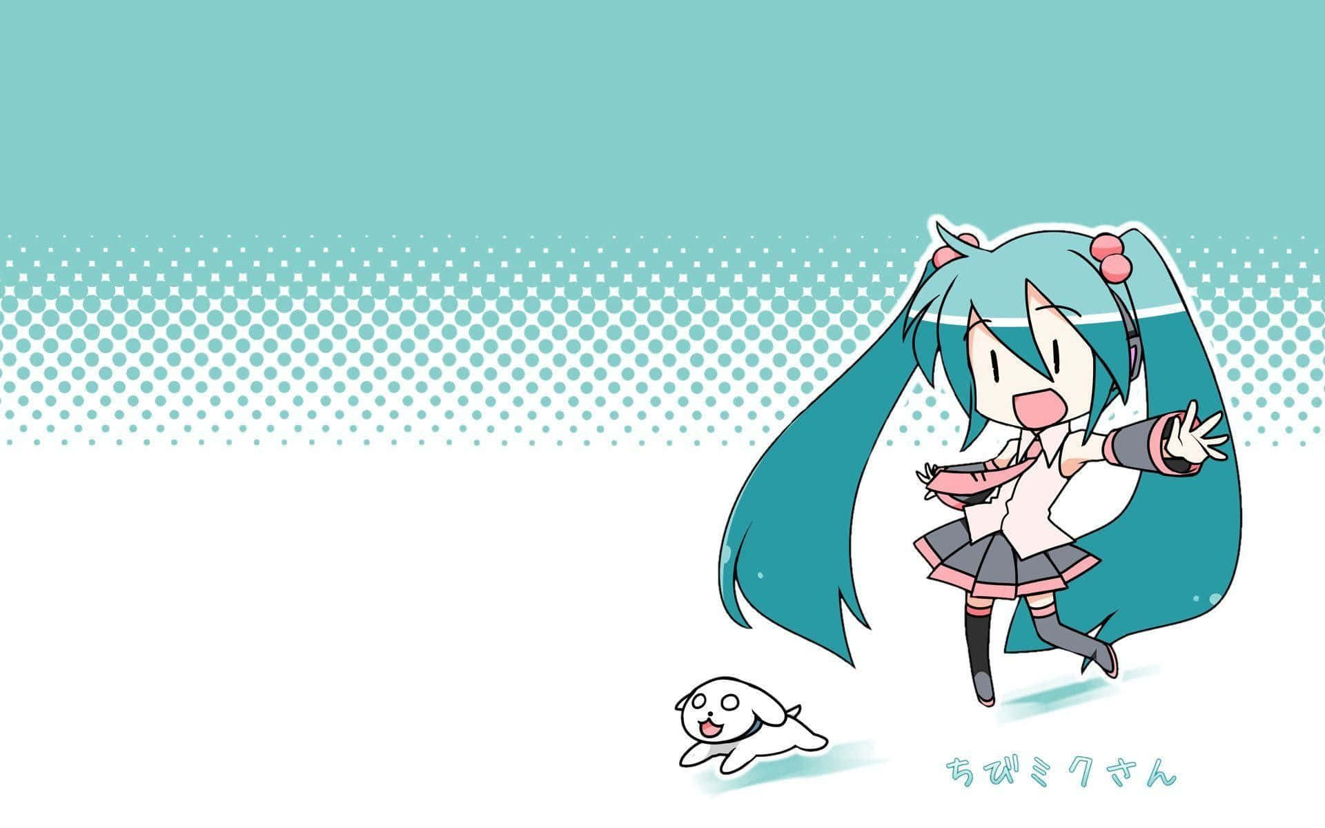 Chibi 初音未來在青色和白色的背景上與一隻白色小狗跳舞。