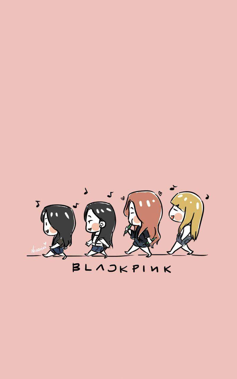 四個Q版Blackpink成員在粉紅色背景上行走，周圍有音符。