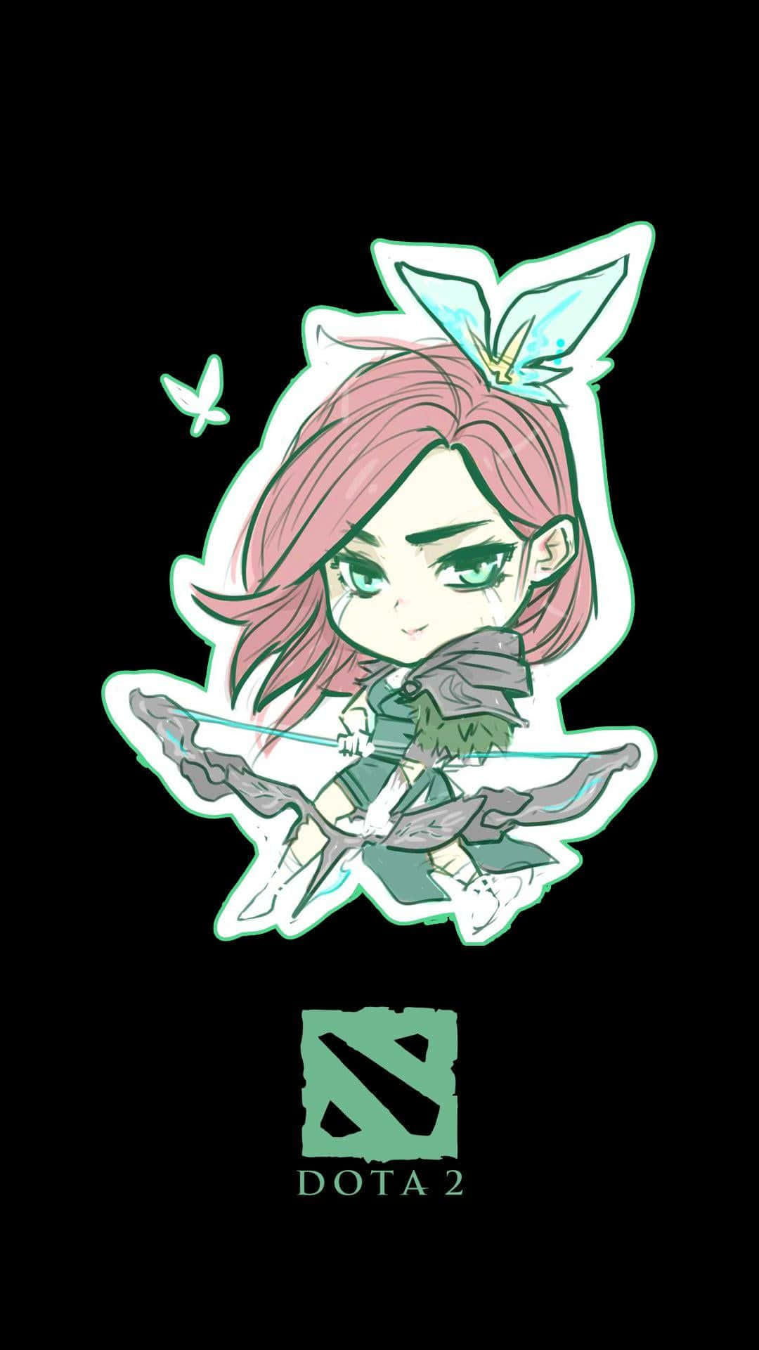 Windranger 桌布 壁紙 — Q版Dota 2英雄，粉紅色頭髮和蝴蝶結，黑色背景配綠色發光點綴。