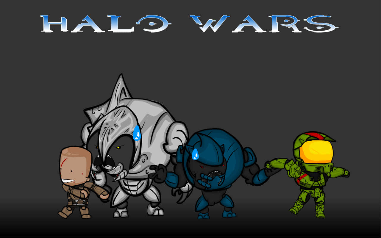 Halo Arbiter 桌布 壁紙 — Q版Halo Wars角色排成一排，背景為深灰色，上方有發光的藍色標題文字。