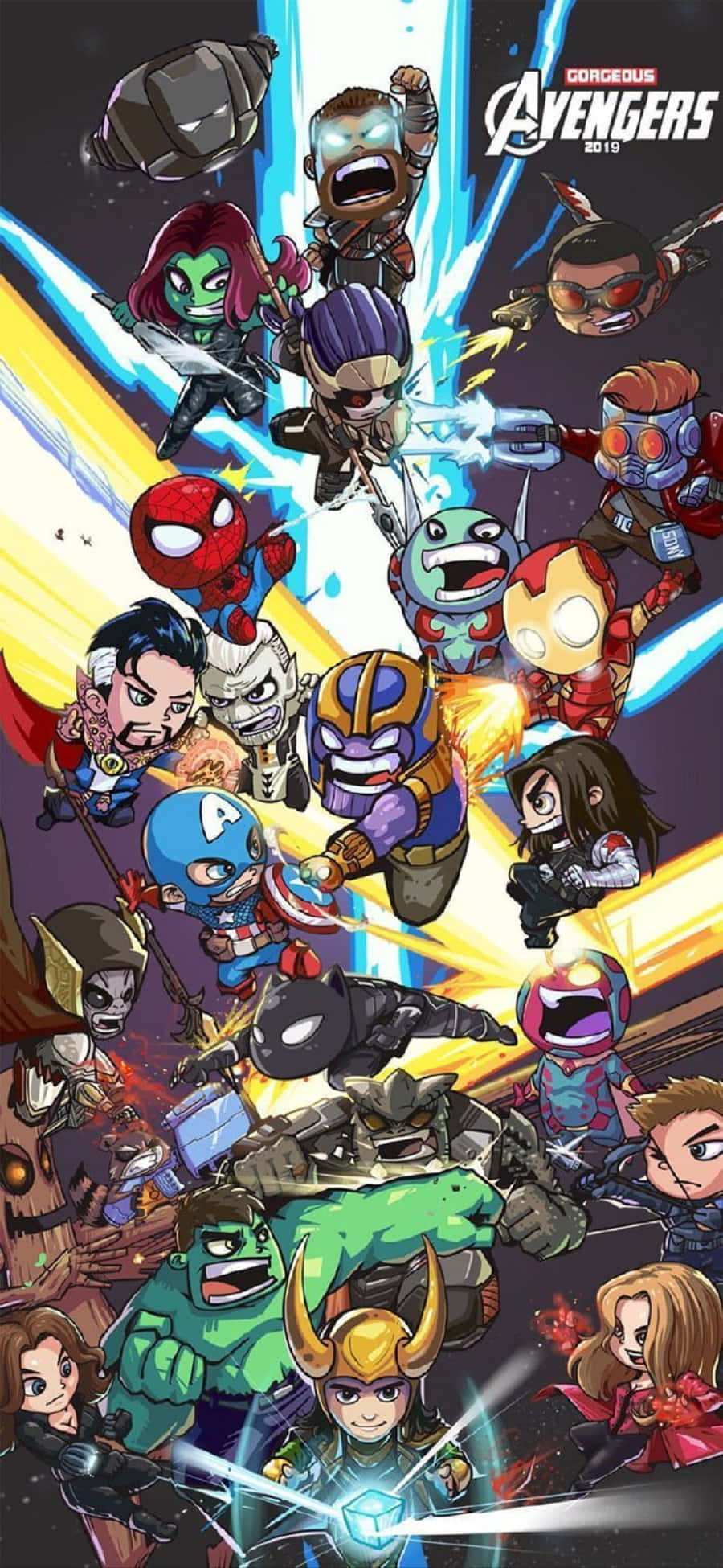 Earth's Mightiest Heroes 桌布 壁紙 — Q版Marvel復仇者聯盟角色在宇宙背景下，以發光能量光束展開動態戰鬥。