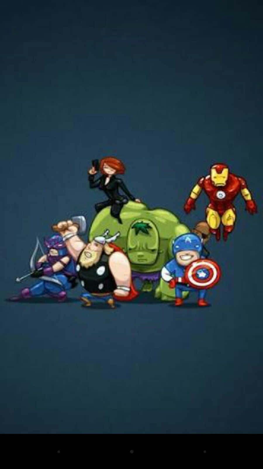 Earth's Mightiest Heroes 桌布 壁紙 — Q版Marvel超級英雄，包括變形俠醫、雷神、黑寡婦、鐵甲奇俠和美國隊長，在深藍色背景前英勇地擺出姿勢。