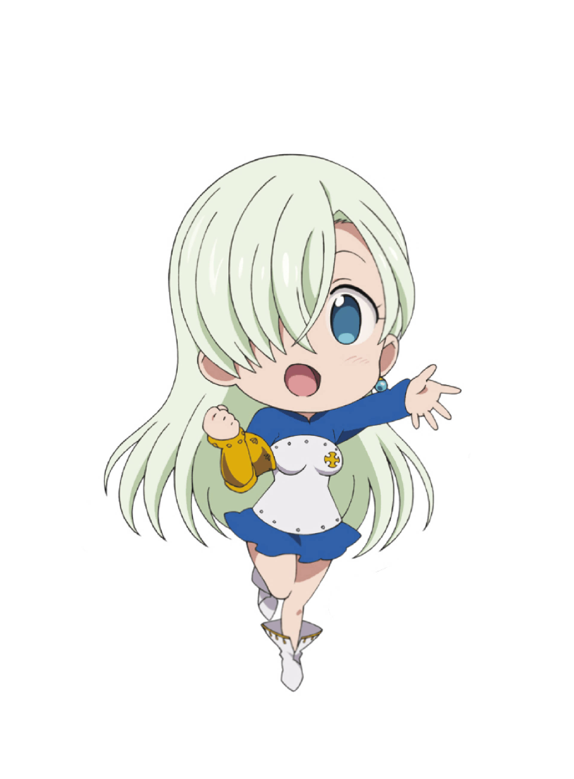 綠色頭髮的Q版動漫女孩穿著藍白服裝歡快跳躍。