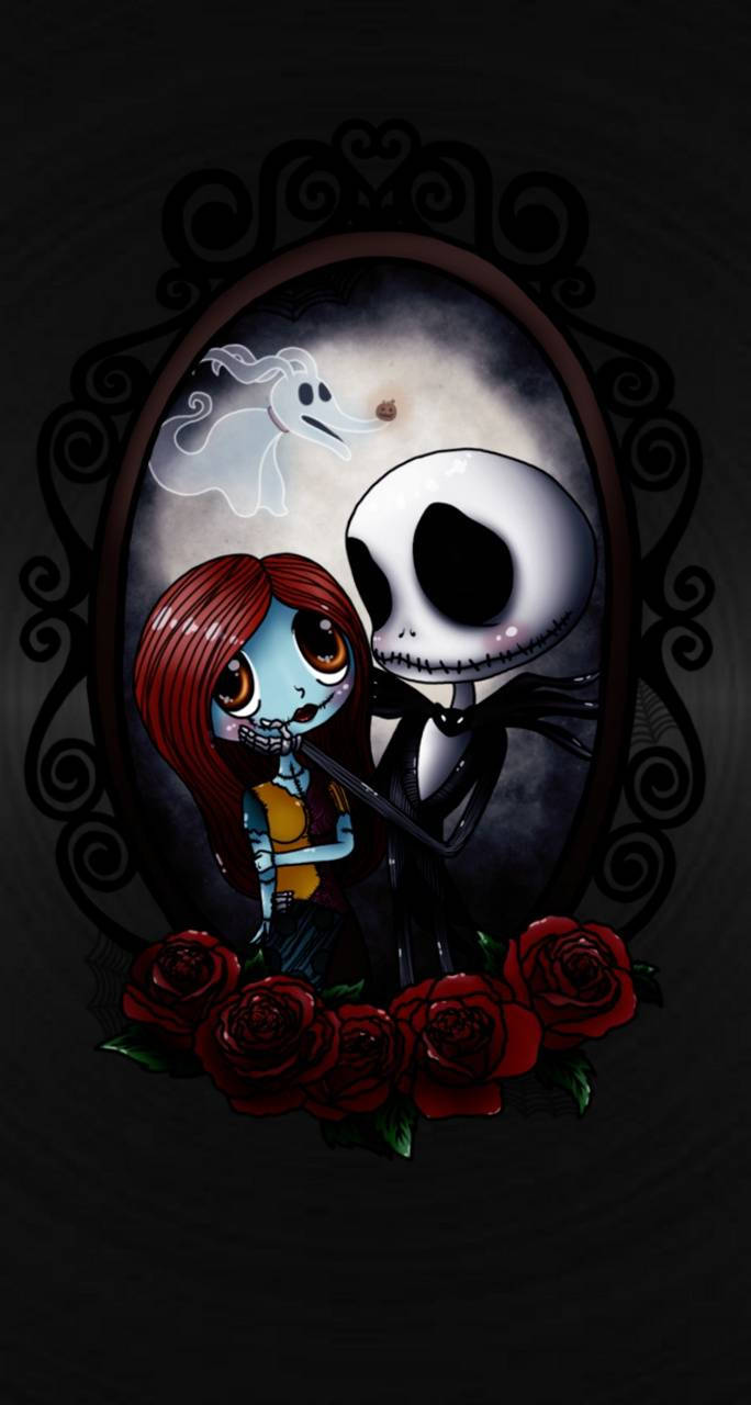 Jack Skellington 和 Sally 在滿月下牽手，腳邊有紅玫瑰。