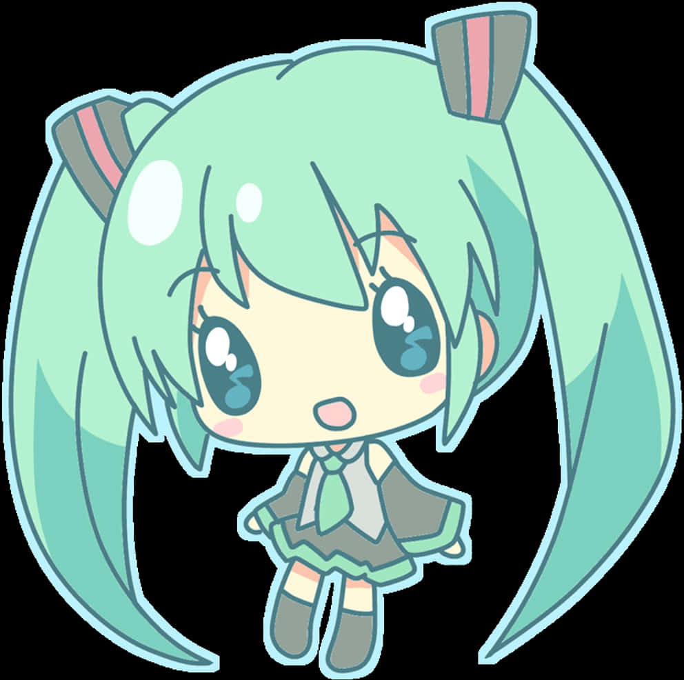 Q版初音未來向量圖 壁紙 — 一個薄荷綠雙馬尾、貓耳的可愛動漫女孩，穿著校服，背景為黑色。