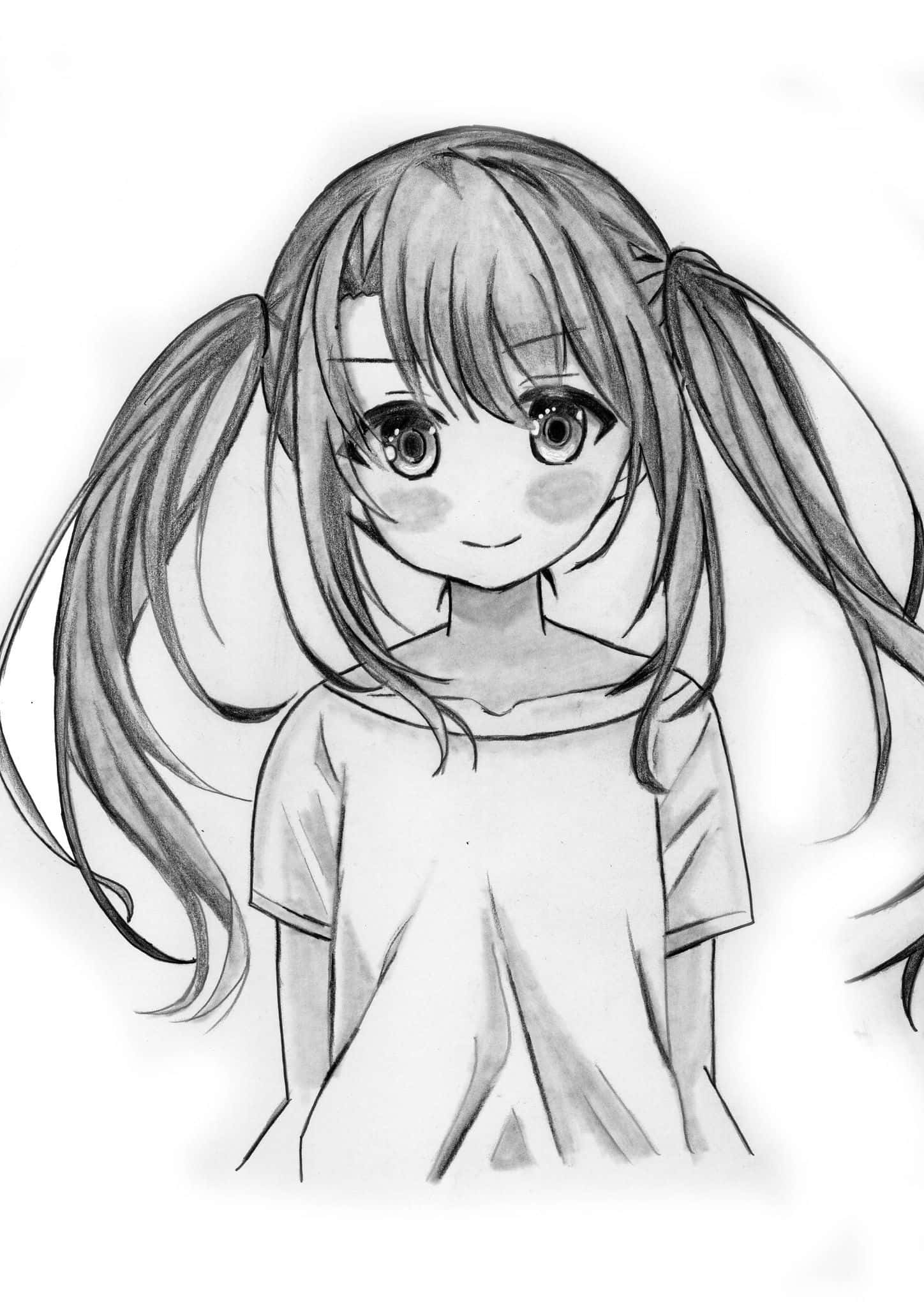 Q版動漫少女凝望彩虹 壁紙 — 一個柔和鉛筆素描，描繪一個快樂的動漫女孩，紮著雙馬尾，臉頰紅潤，溫柔地對觀眾微笑。