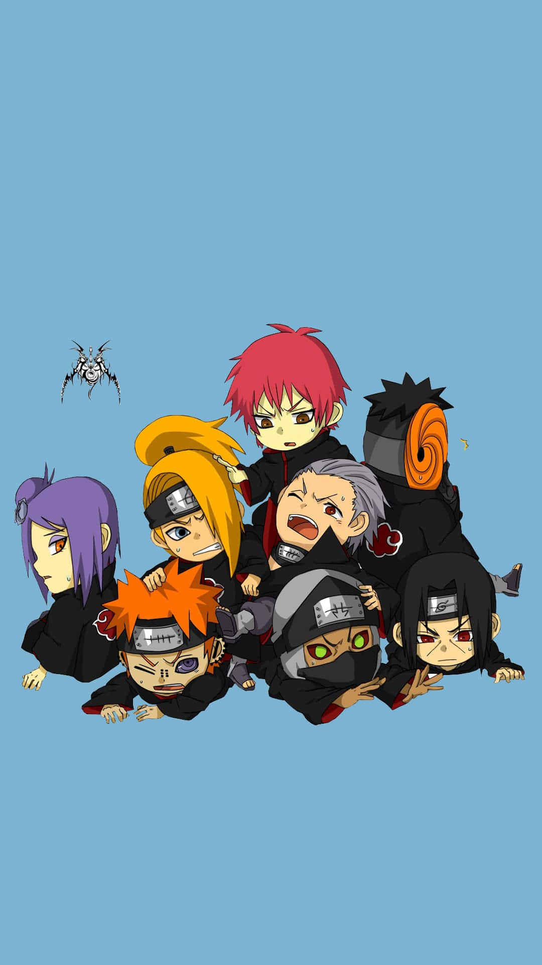 Akatsuki Chibi 桌布 壁紙 — Q版動漫角色身穿黑色斗篷，在純藍色背景上與一隻小蜘蛛一起擺出動感姿勢。
