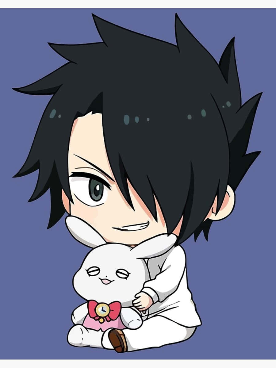 The Promised Neverland Ray 桌布 壁紙 — Q版動畫男孩，黑色刺蝟頭，抱著一隻戴粉紅色蝴蝶結的白色兔子毛絨玩具，背景為純藍色。