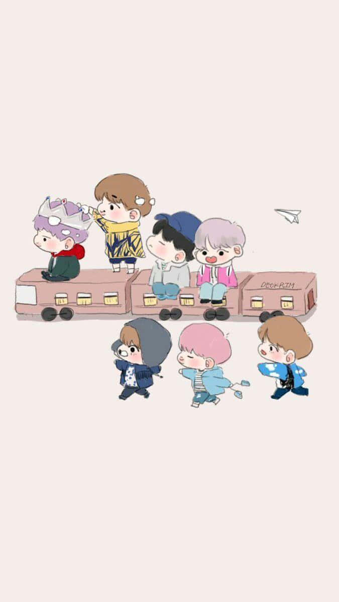 Bts Fanart 桌布 壁紙 — Q版動畫男孩們乘坐粉紅色火車，有些人在旁邊奔跑，背景是柔和的米色。