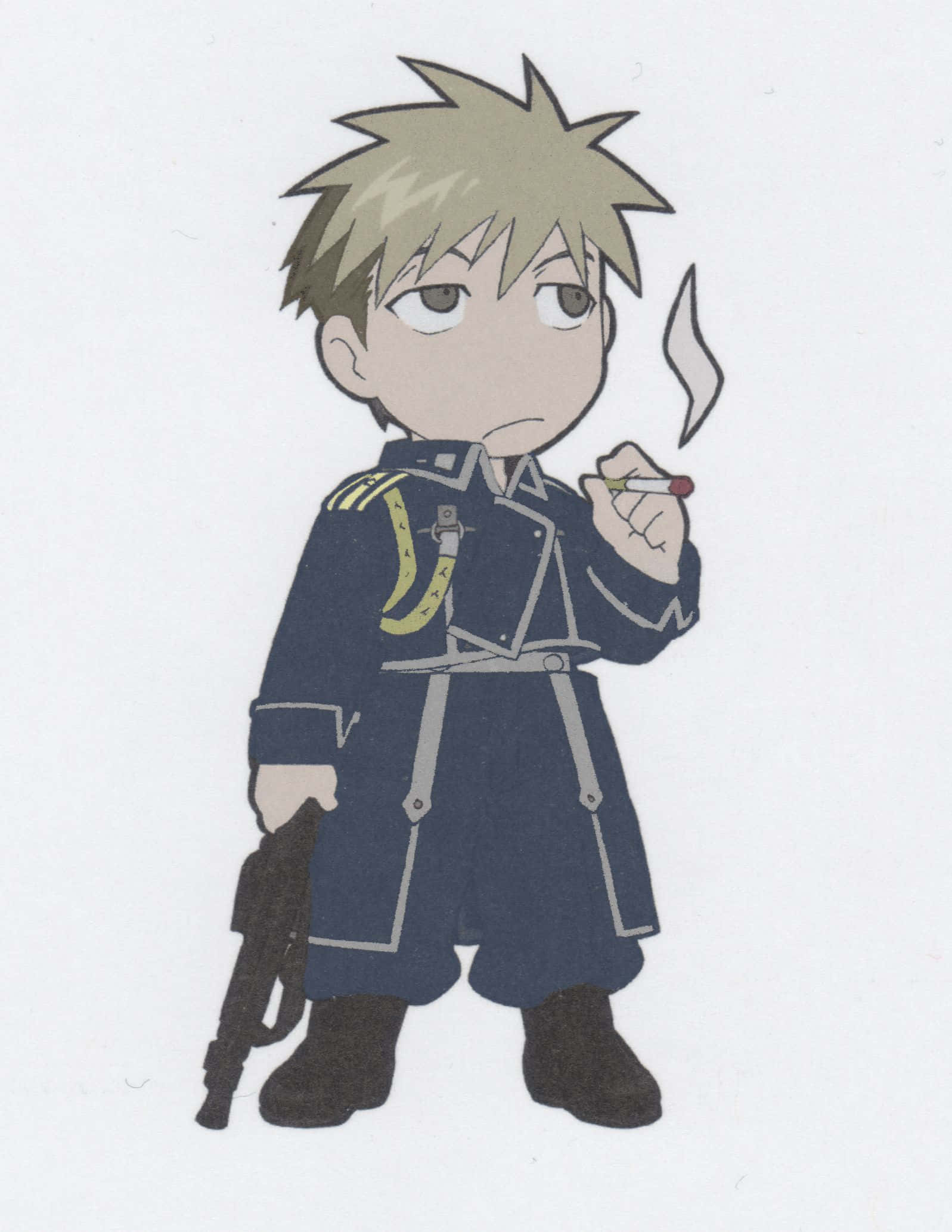 Jean Havoc 桌布 壁紙 — Q版動畫男孩穿著深藍色軍服，在純白背景前拿著冒煙的香煙和手槍。