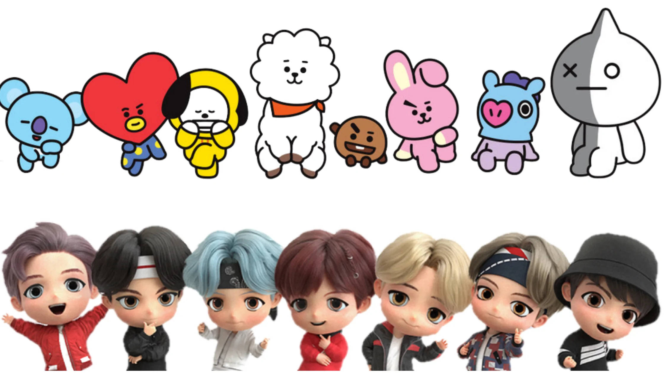 Bts Cartoon 桌布 壁紙 — Q版卡通角色和真實的男孩樂隊成員在純白色背景上排成兩行。