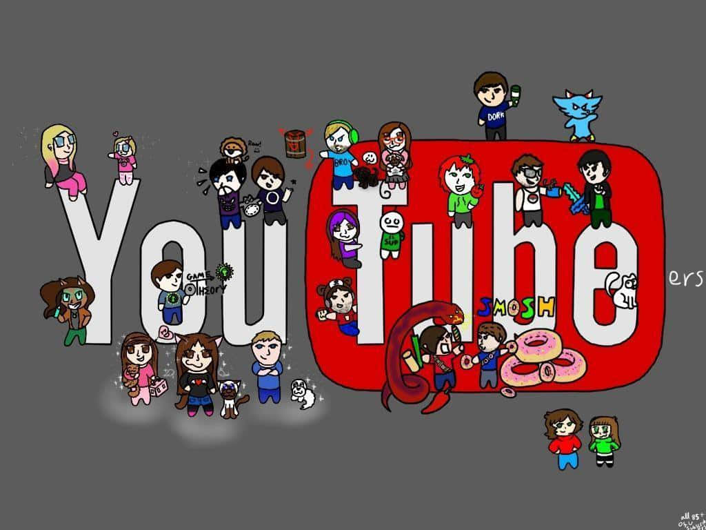 YouTube Logo 桌布 壁紙 — Q版卡通角色圍繞著一個巨大的YouTube標誌，配有冬甩和一條蛇。