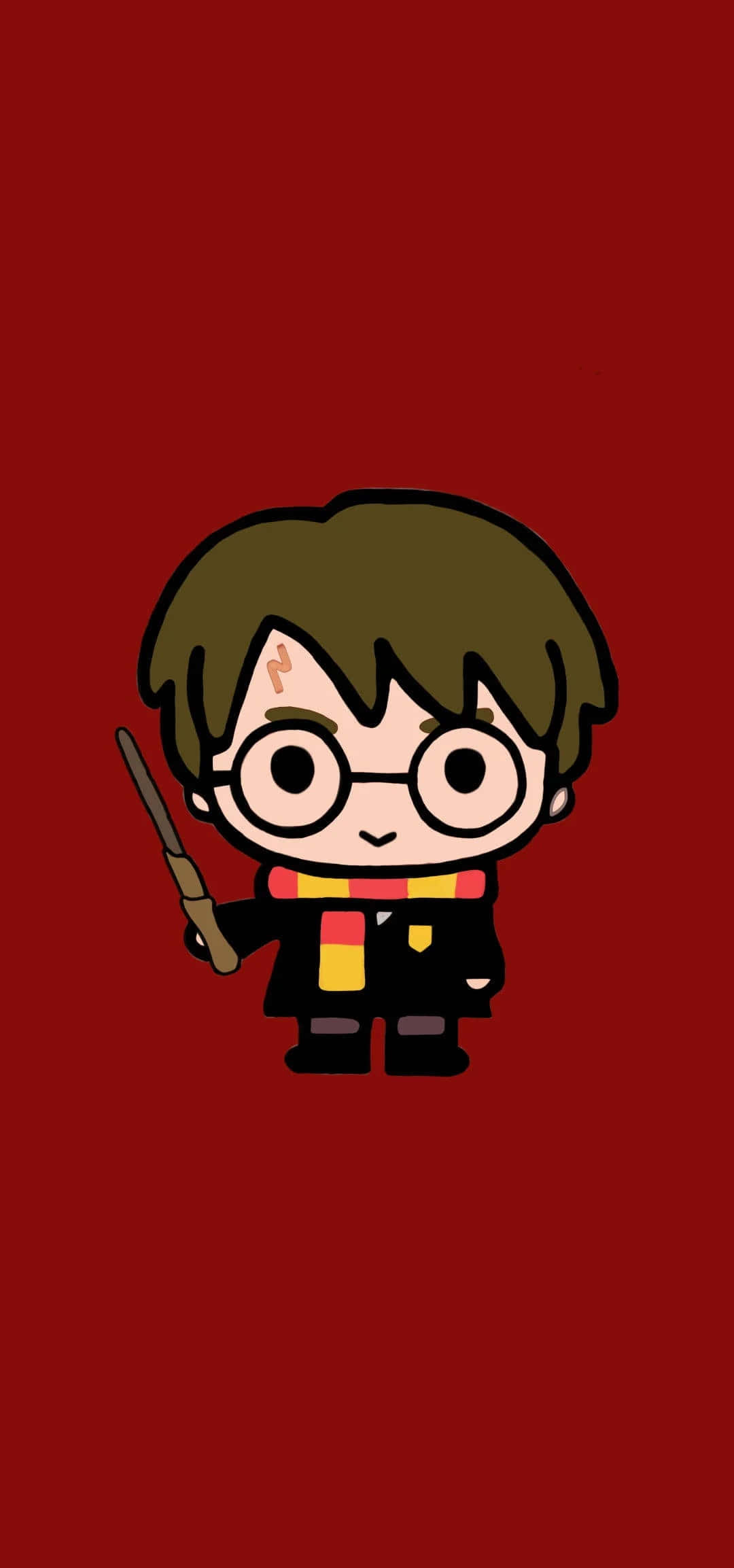Kawaii Characters 桌布 壁紙 — Q版哈利波特穿著霍格華茲制服，在純紅色背景前手持魔杖。