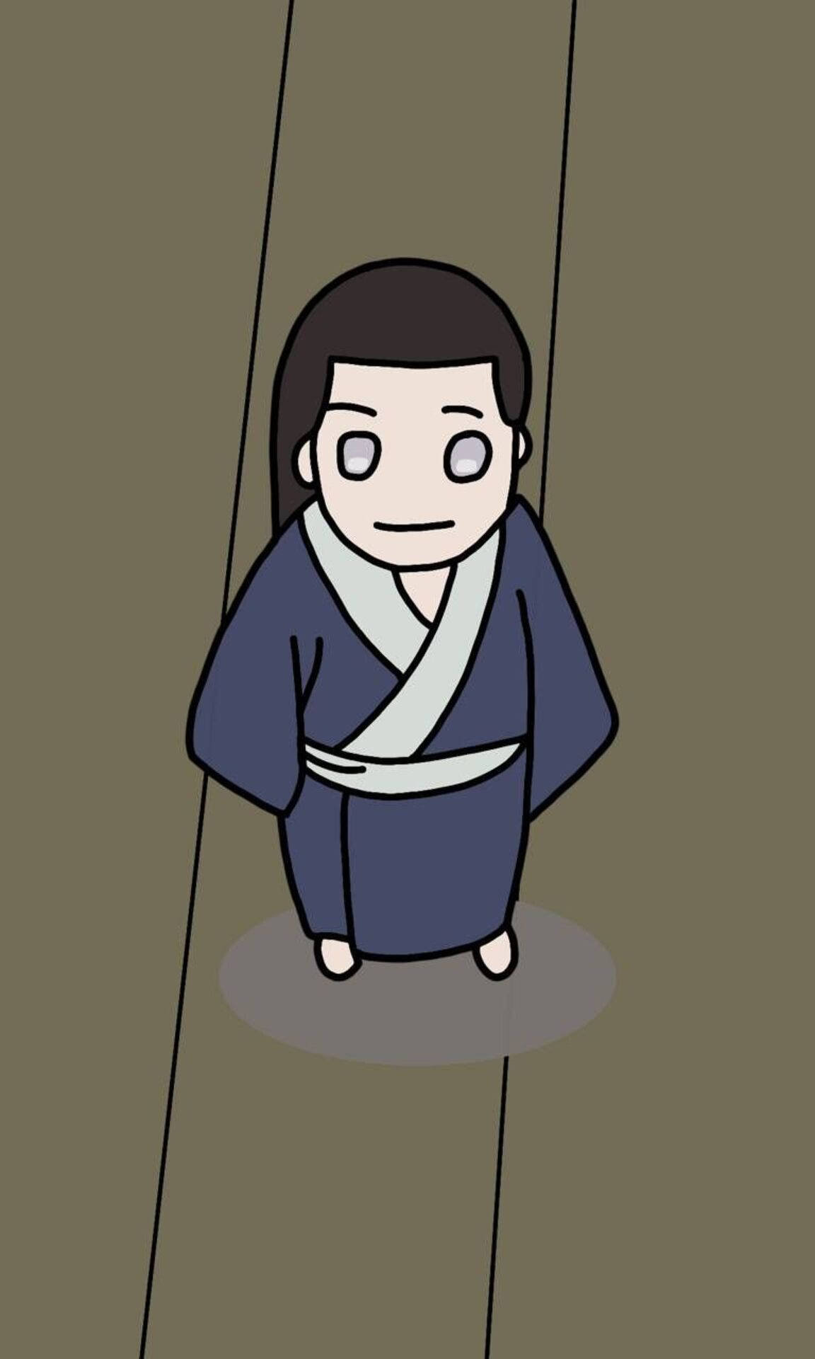 一個簡單的卡通人物穿著藍色和服，站在兩條線之間。