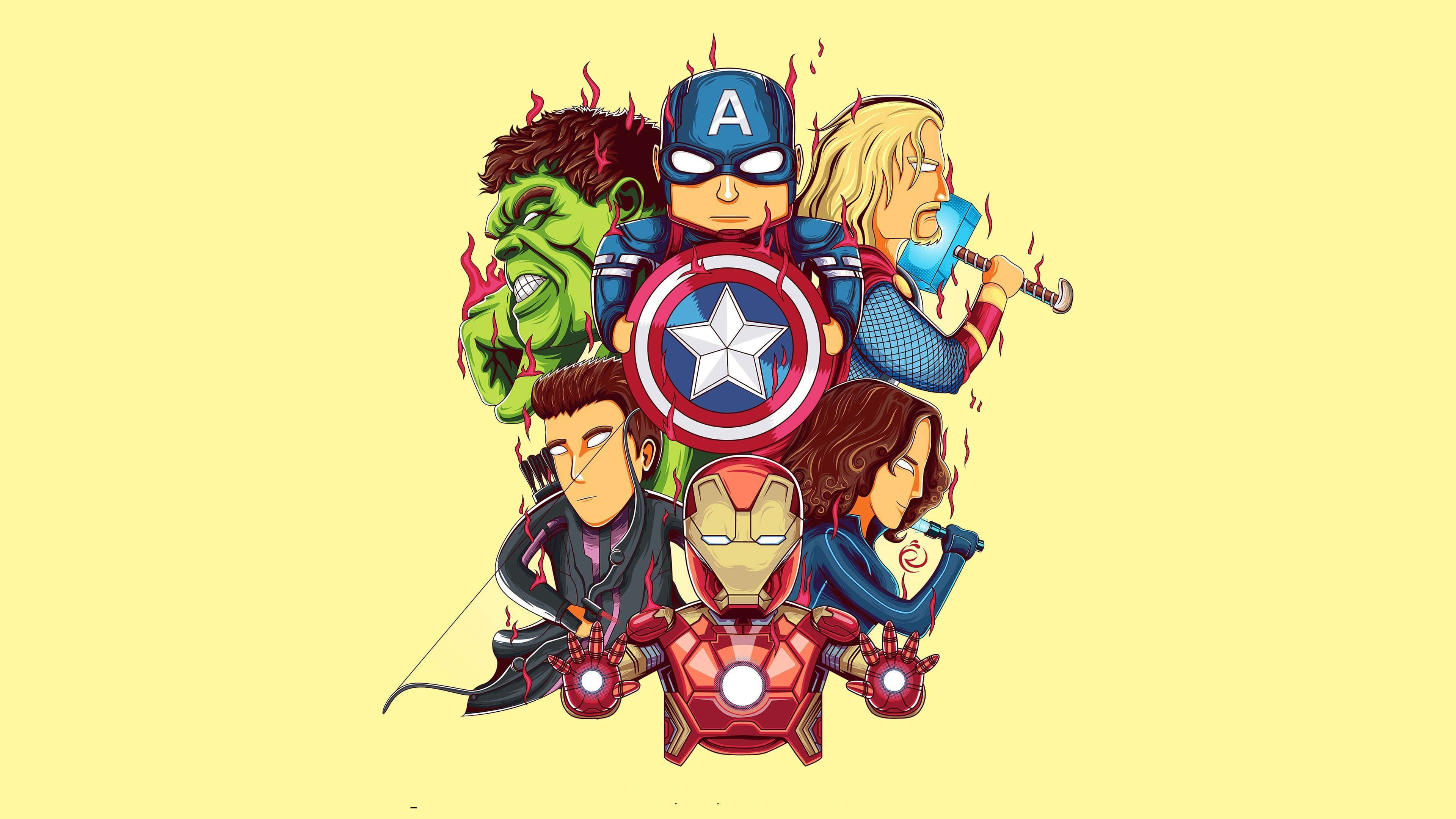 Earth's Mightiest Heroes 桌布 壁紙 — Q版復仇者聯盟團隊，美國隊長在中間舉盾，被變形俠醫、雷神、鐵甲奇俠、黑寡婦、鷹眼和紅女巫圍繞，背景為淡黃色。