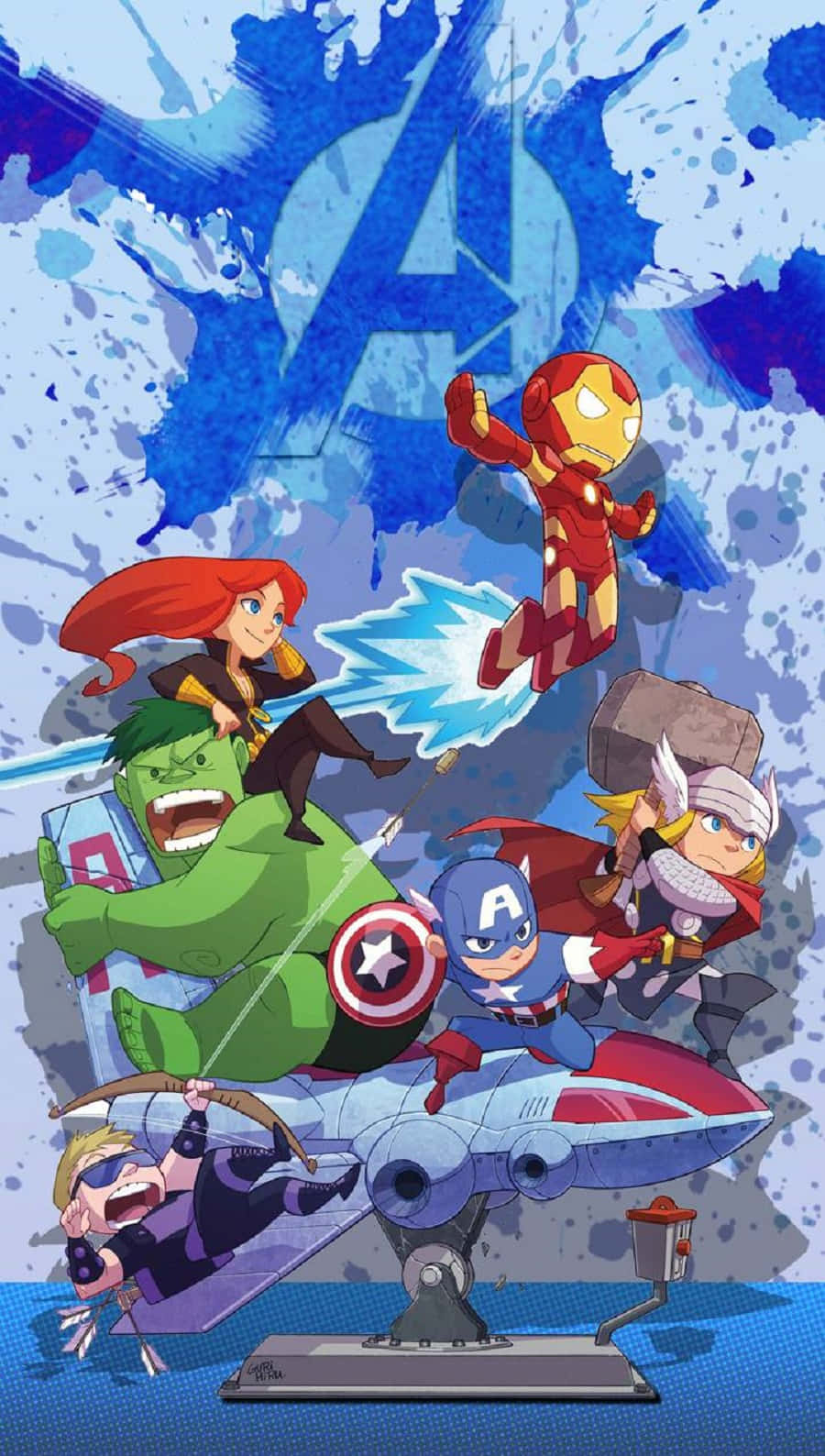 Earth's Mightiest Heroes 桌布 壁紙 — Q版復仇者聯盟英雄在藍色潑濺背景上動態跳躍，帶有大型'A'標誌。