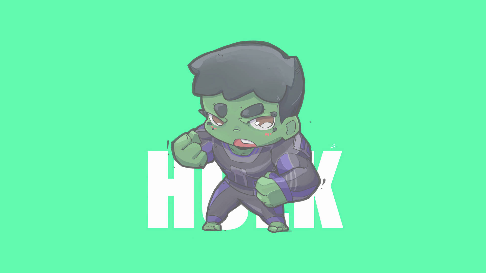 紫色西裝嘅Chibi Hulk喺鮮綠色背景上握緊拳頭，上面有粗體白色字樣。