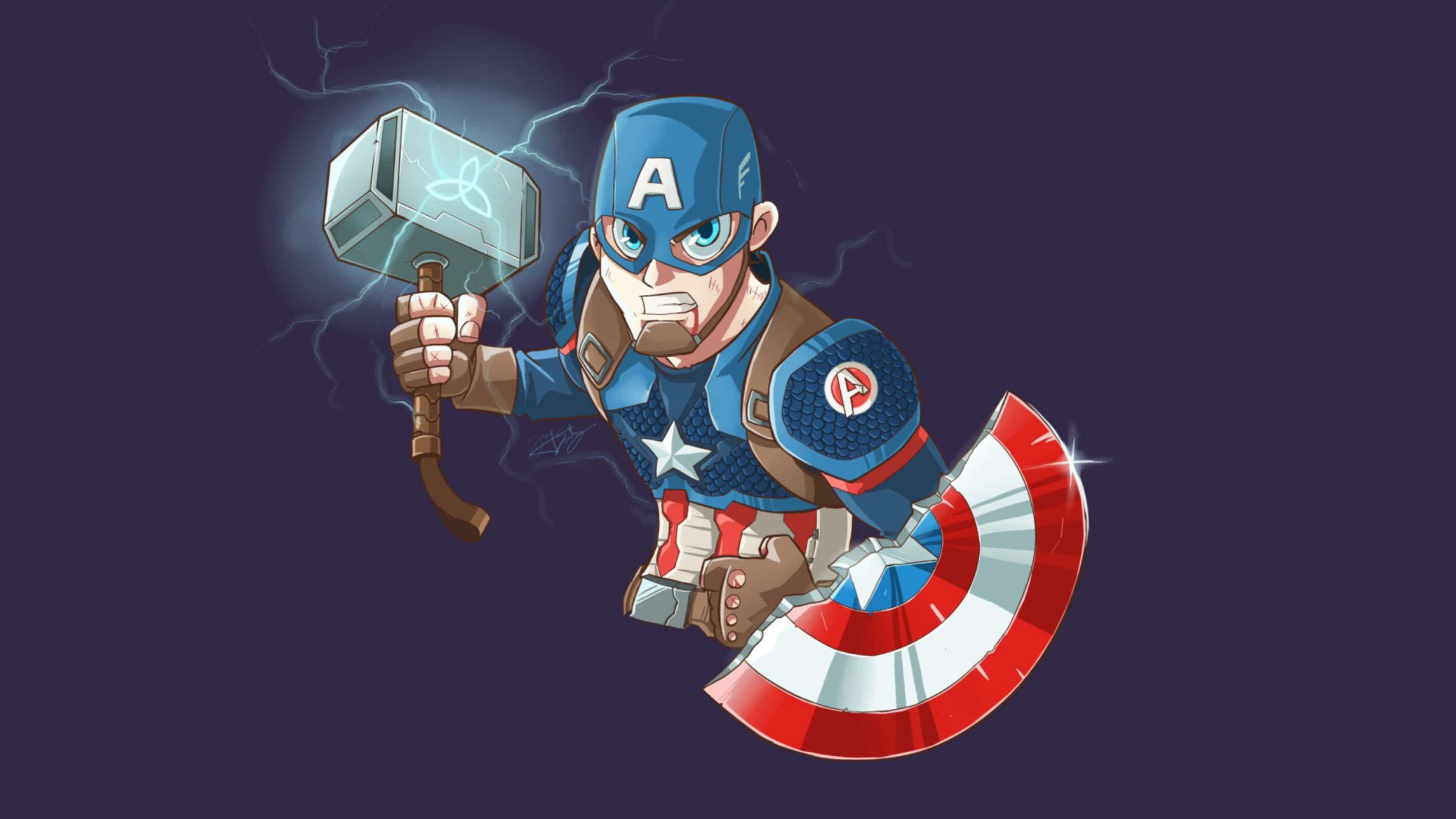 4K Captain America 桌布 壁紙 — Q版美國隊長揮舞著雷神之鎚和盾牌，背景是深紫色並有閃電劈啪作響。