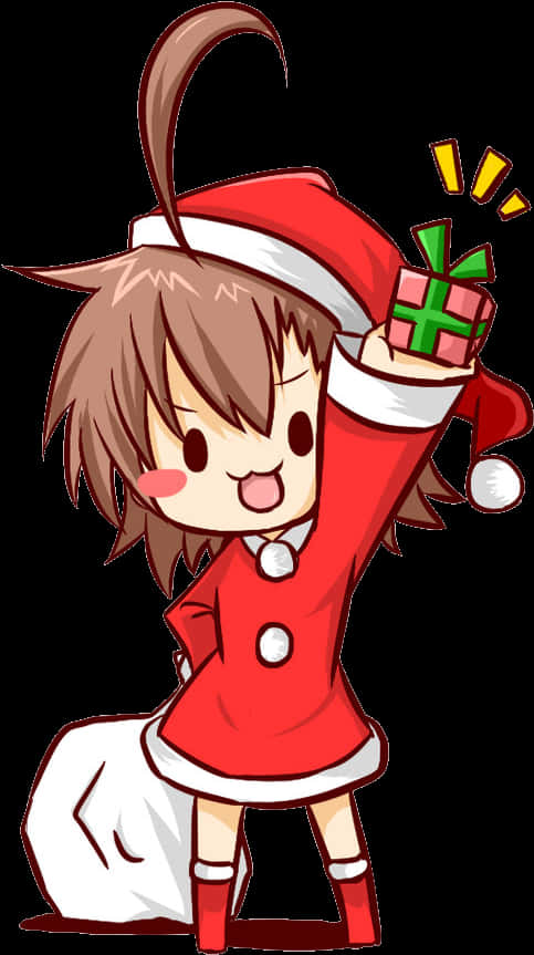 Q版聖誕慶祝 壁紙 — 一個開心的貓尾小蘿莉穿著紅色聖誕老人服裝，舉起一個閃閃發光的包裝禮物。