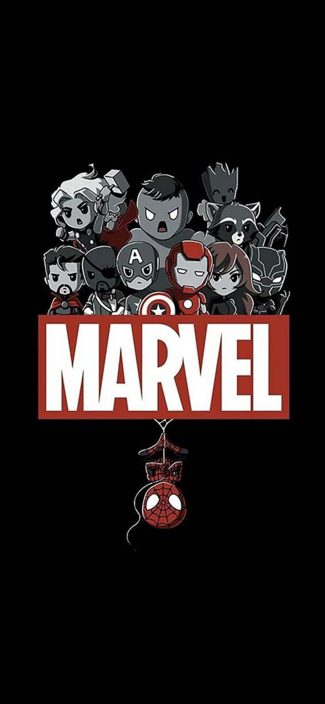 Q版超級英雄 iPhone XS Marvel 壁紙 — 灰色調的Q版Marvel超級英雄聚集在紅色Marvel標誌周圍，蜘蛛俠懸掛在下方。