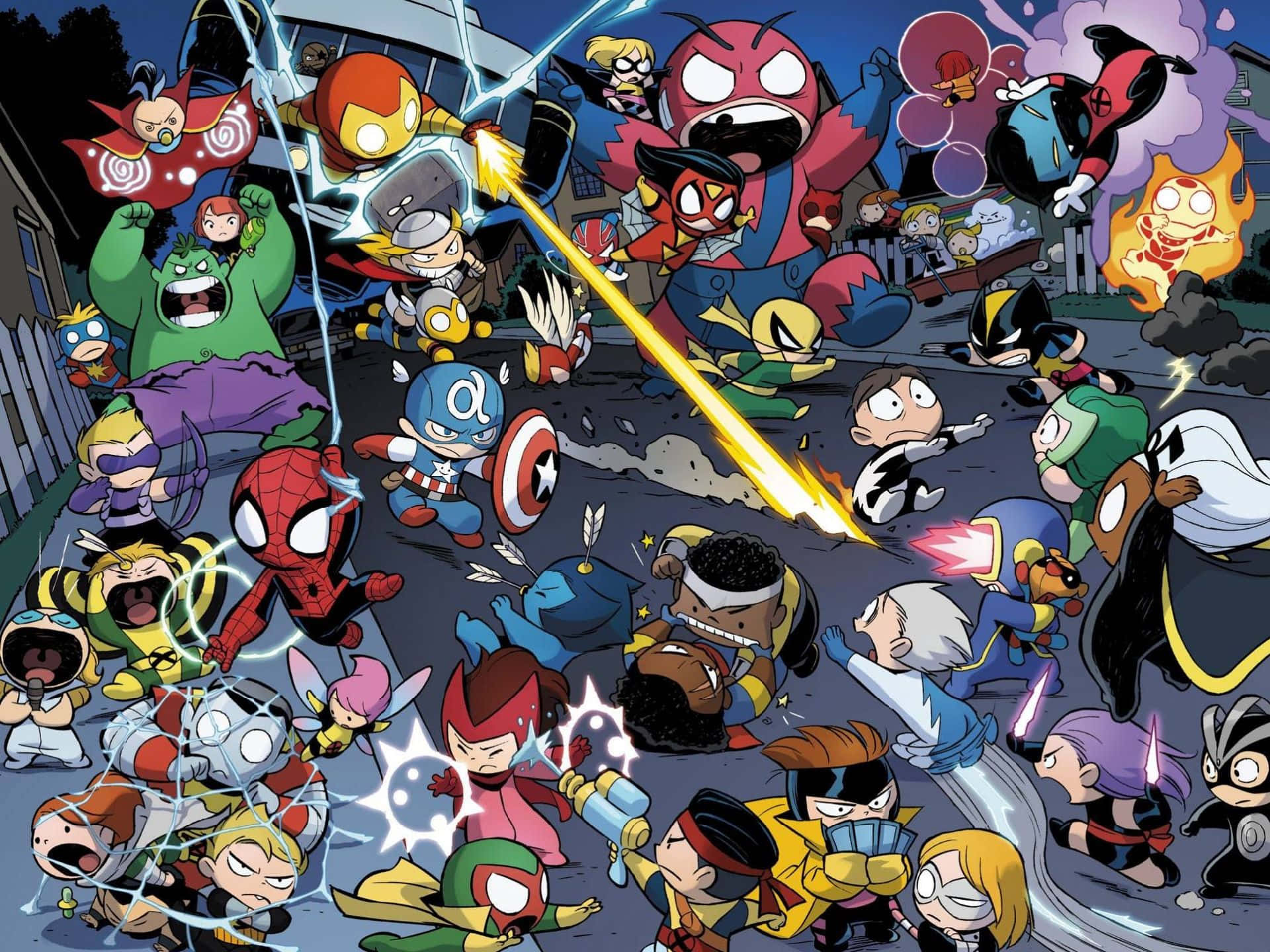 Earth's Mightiest Heroes 桌布 壁紙 — Q版超級英雄在黑暗天空下，以能量爆炸和飛拳在混亂的街頭戰鬥中碰撞。