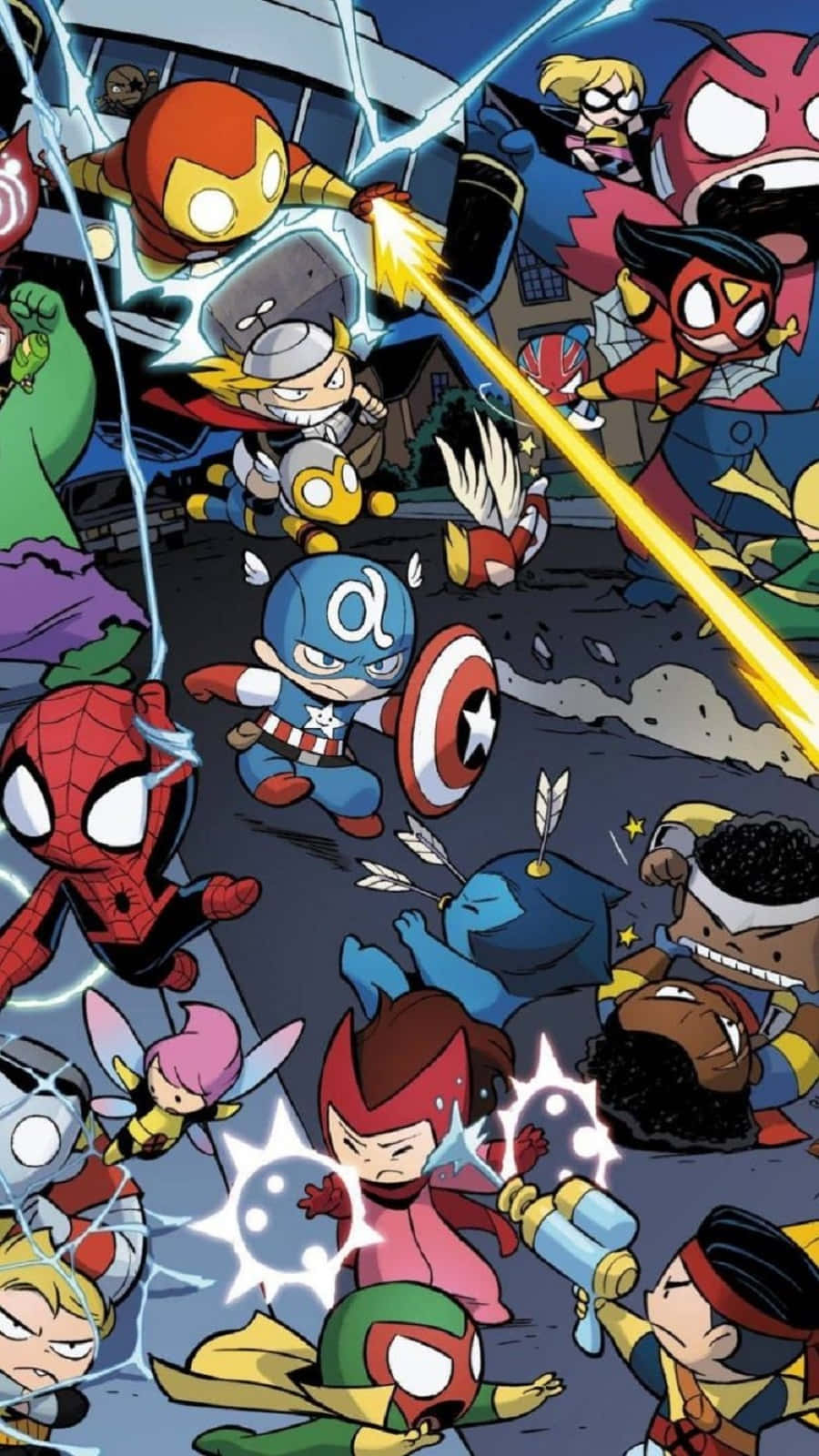 Earth's Mightiest Heroes 桌布 壁紙 — Q版超級英雄在黑暗的天空下，以能量爆炸和飛揚的碎片進行混亂的戰鬥。