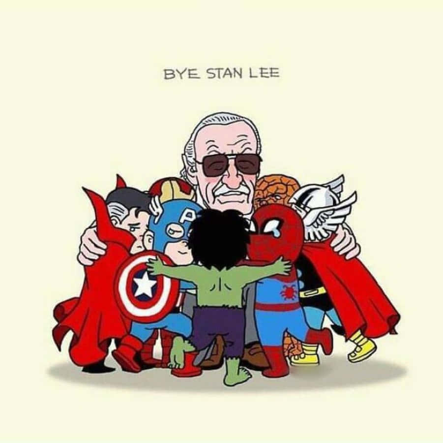 Stan Lee Tribute 桌布 壁紙 — Q版超級英雄擁抱Stan Lee，一幅真摯致敬插圖，上方有「BYE STAN LEE」字樣。