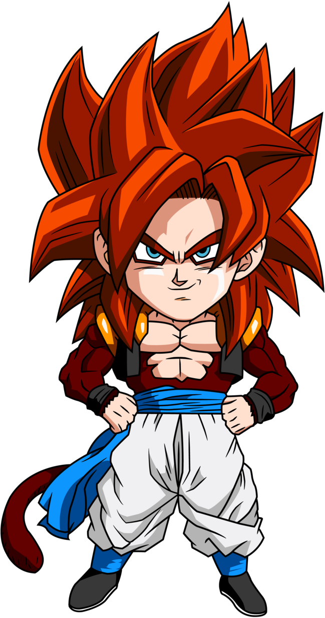 Q版超級賽亞角色藝術圖 壁紙 — Chibi Goku 以超級撒亞人神形態，帶着熾熱的橙色頭髮和強烈的藍色眼睛，自信地站在黑色背景前。