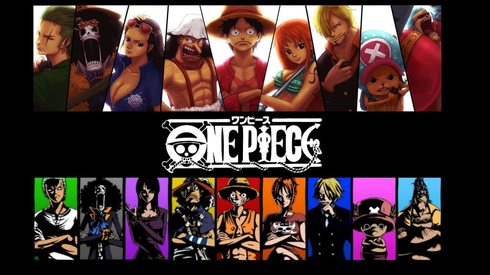 Q版路飛與他熱愛冒險的夥伴們 壁紙 — 《ONE PIECE》嘅鮮豔動漫角色以彩色垂直面板展示喺標誌性骷髏標誌嘅上下方。