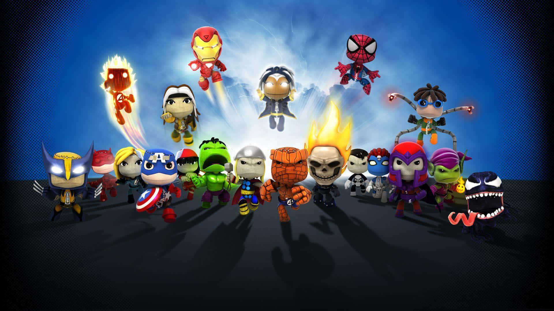 Animated Superhero Movies 桌布 壁紙 — Q版風格的Marvel超級英雄和反派以動態群體姿勢站立，背景是深藍色天空並帶有發光效果。