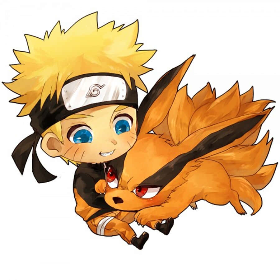 Baby Kurama 桌布 壁紙 — Q版鳴人擁抱他的橙色九尾狐同伴，有著明亮的藍色眼睛和尖刺的金色頭髮。