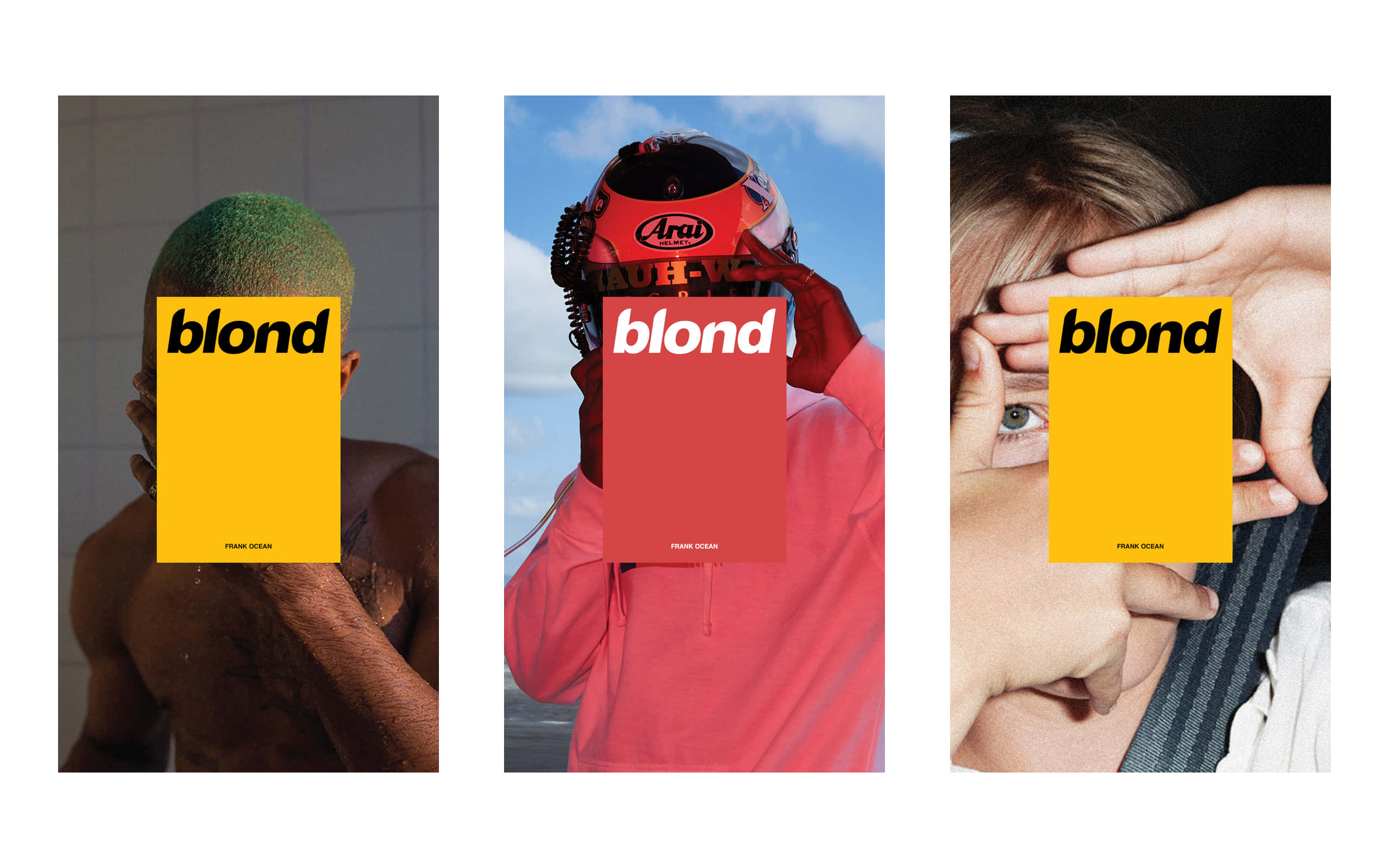 R&B 歌手 Frank Ocean《Blonde》專輯的近距離肖像 壁紙 — 三幅風格化肖像，以粗體黃色「blond」文字覆蓋面部，背景為瓷磚牆、賽車頭盔和手