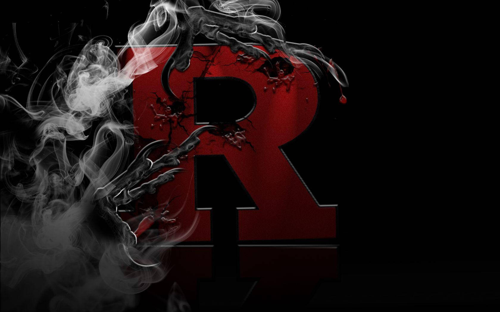 煙霧中的字母R 壁紙 — 一個大膽的紅色字母R，帶有爪子的手從黑色背景上的旋轉煙霧中出現。