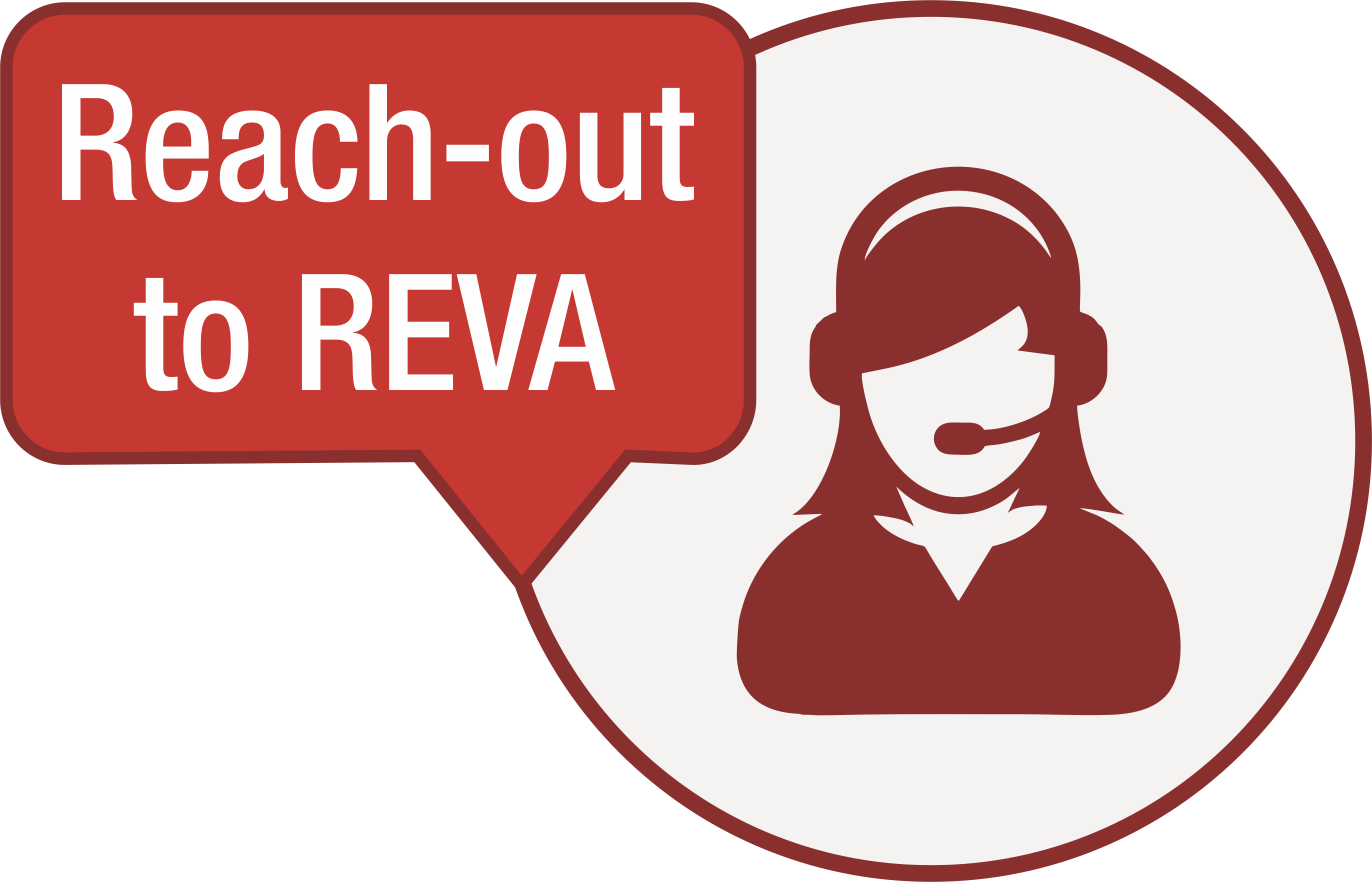 客服圖標 R E V A 壁紙 — 一個紅色對話框寫著 Reach-out to REVA，旁邊有一個栗色和白色的風格化客戶服務代理圖標。