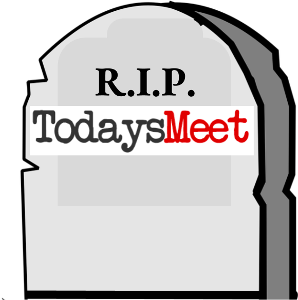 今日會議 R.I.P. 墓碑圖 壁紙 — 一個樸素的灰色墓碑，上面用粗體黑色和紅色文字刻著 R.I.P. 和 TodaysMeet，背景為黑色。