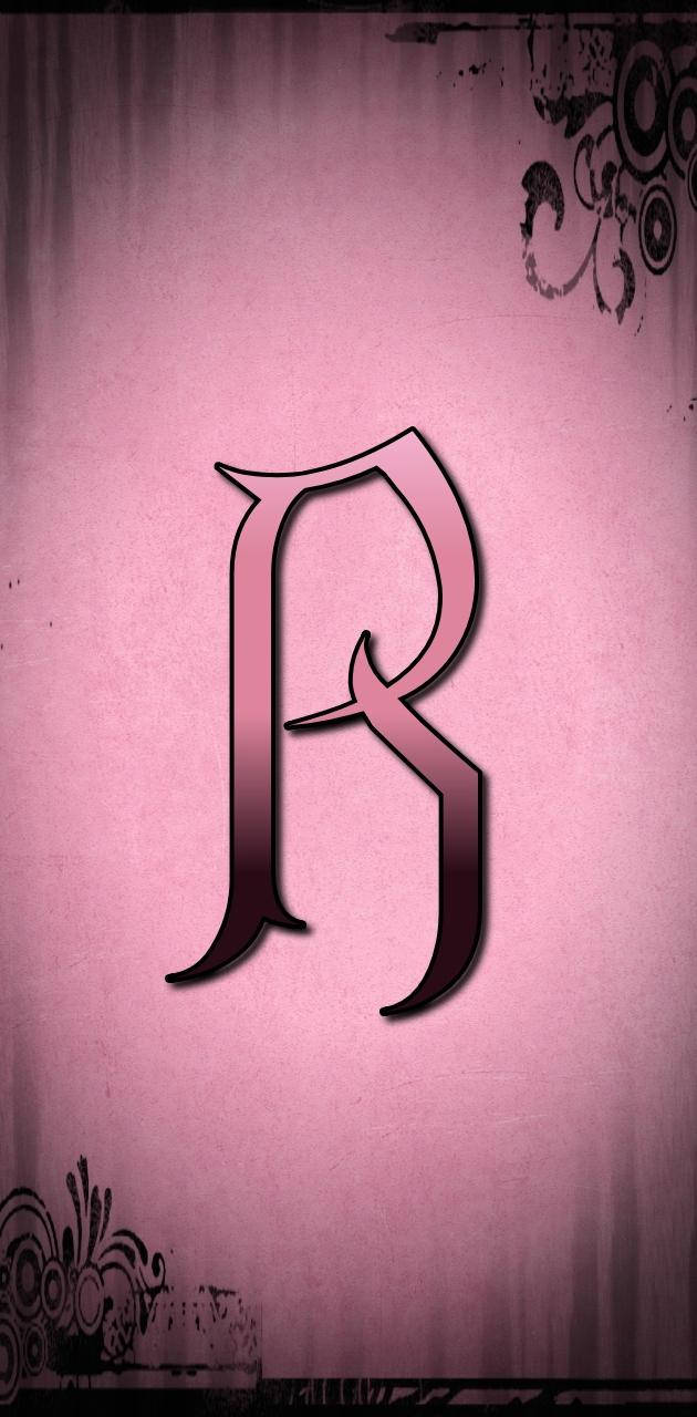 粉黑漸層字母R 壁紙 — 一個風格化的字母R，採用粉紅和黑色漸變，居中放置在帶有紋理的粉紅背景上，並配有華麗的黑色角落裝飾。