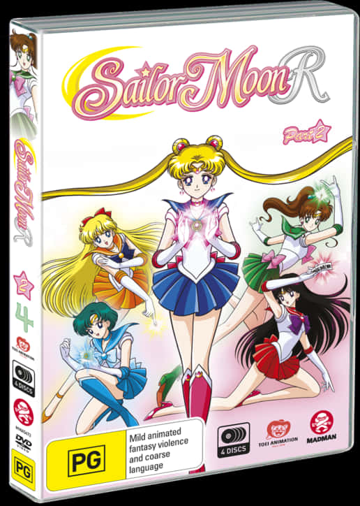 《美少女戰士R Part2》DVD封面 壁紙 — 美少女戰士R DVD封面，五位動畫女主角穿著色彩繽紛的水手服，在柔和的粉紅色背景上動感地擺出姿勢。