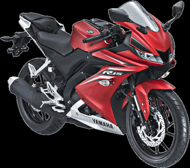 紅色雅馬哈 R15 賽車 壁紙 — 一輛時尚的紅色和黑色Yamaha R15運動摩托車，帶有銀色飾邊和透明擋風玻璃，在工作室燈光下展示。