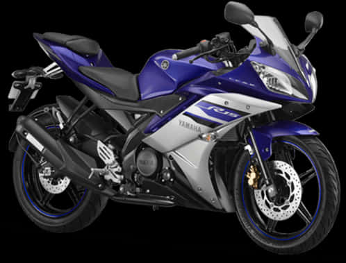 藍色雅馬哈R15機車 壁紙 — 一輛時尚的藍銀色Yamaha R15運動電單車，在黑色背景的影樓燈光下展示。