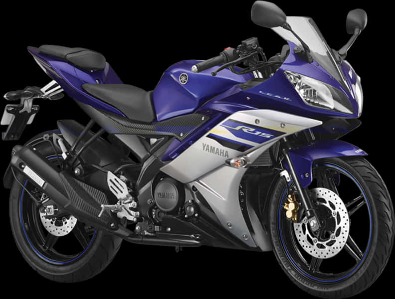 藍白雅馬哈R15運動型機車 壁紙 — 一架時尚的藍銀色Yamaha R15運動電單車，帶有黑色飾件和金色制動卡鉗，立在黑色背景前。