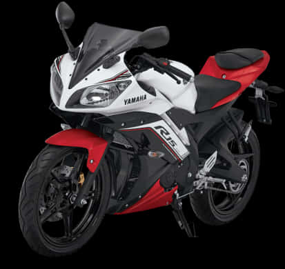 白紅黑雅馬哈R15賽車 壁紙 — 一台時尚的白色和紅色Yamaha R15運動電單車，帶有黑色點綴，在純黑色背景前蓄勢待發。