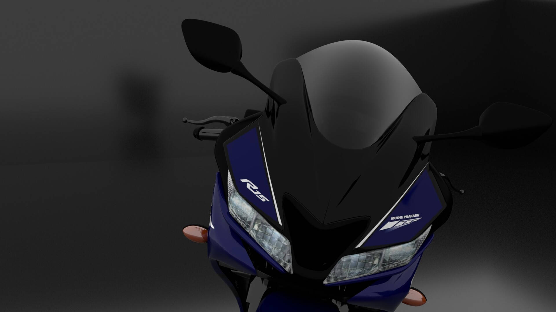 R15 V3 3D 藝術 壁紙 — 一輛時尚的藍黑運動電單車，配備鋒利頭燈和空氣動力學整流罩，以深色工作室背景襯托。