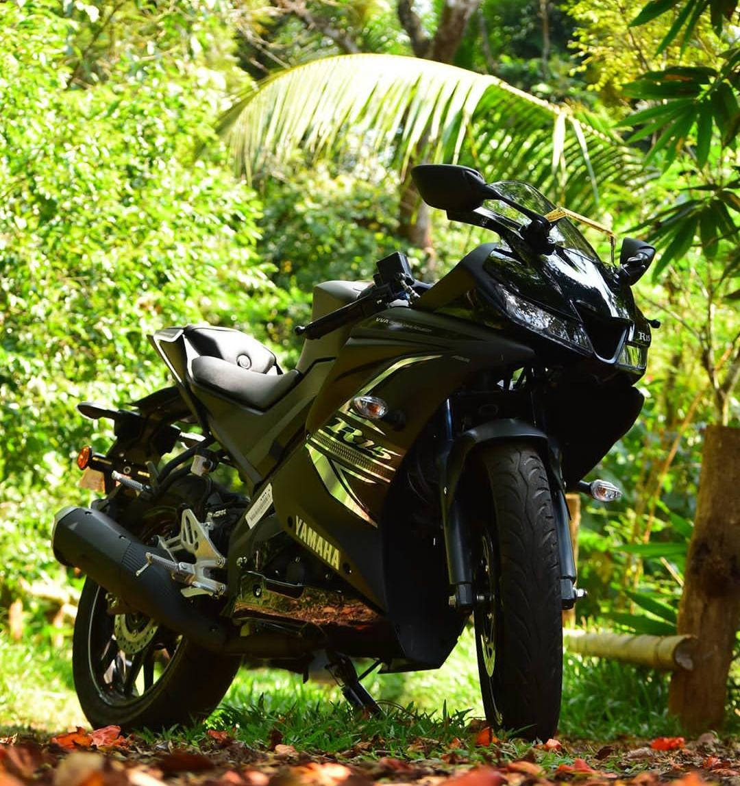 森林中的R15 V3運動車 壁紙 — 一架時尚的黑色Yamaha R15電單車停泊在草地上，陽光普照，背景是茂密的綠色熱帶植物。